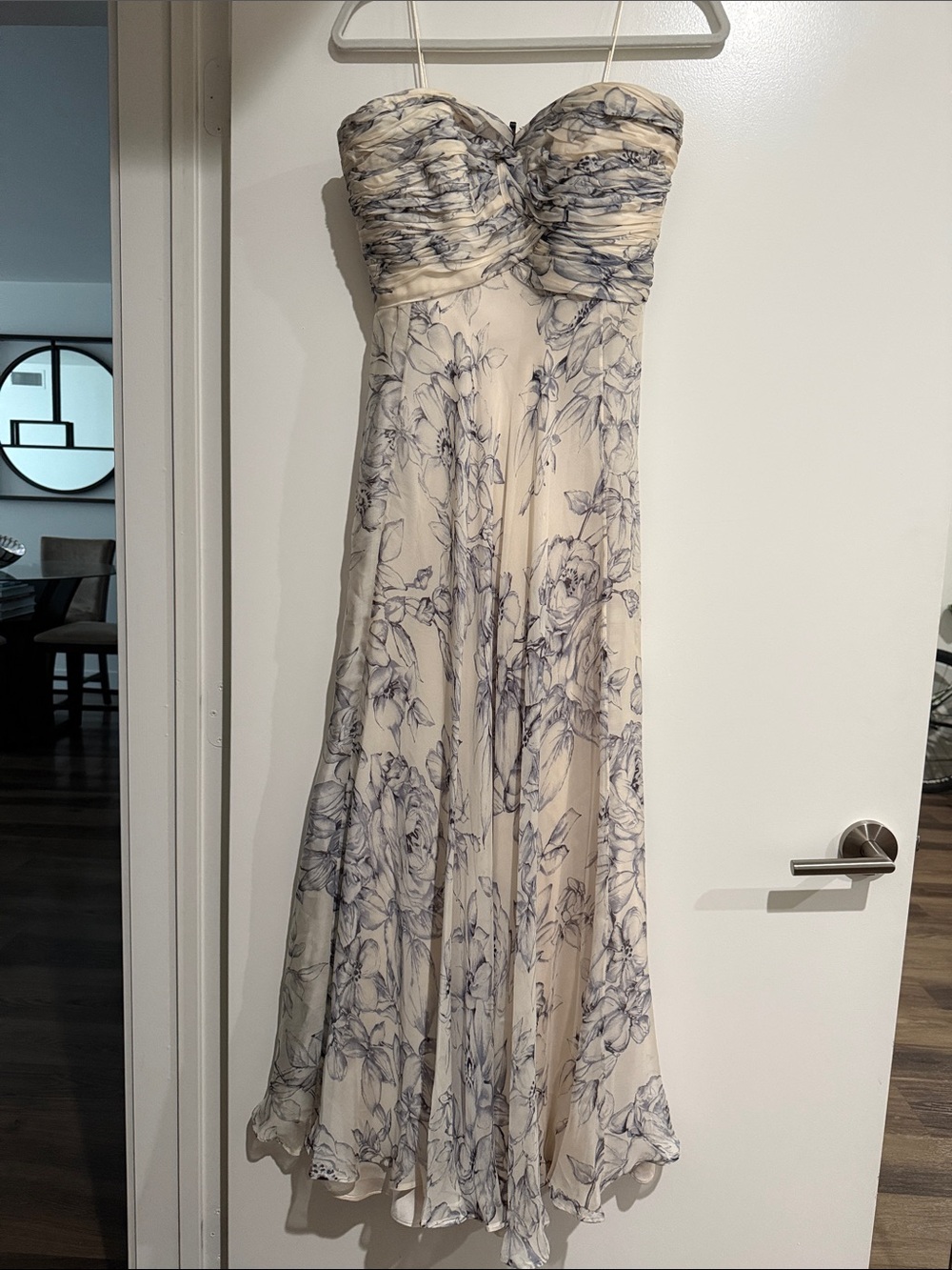Strapless Floral Chiffon Maxi Dress in Ivory and blue
